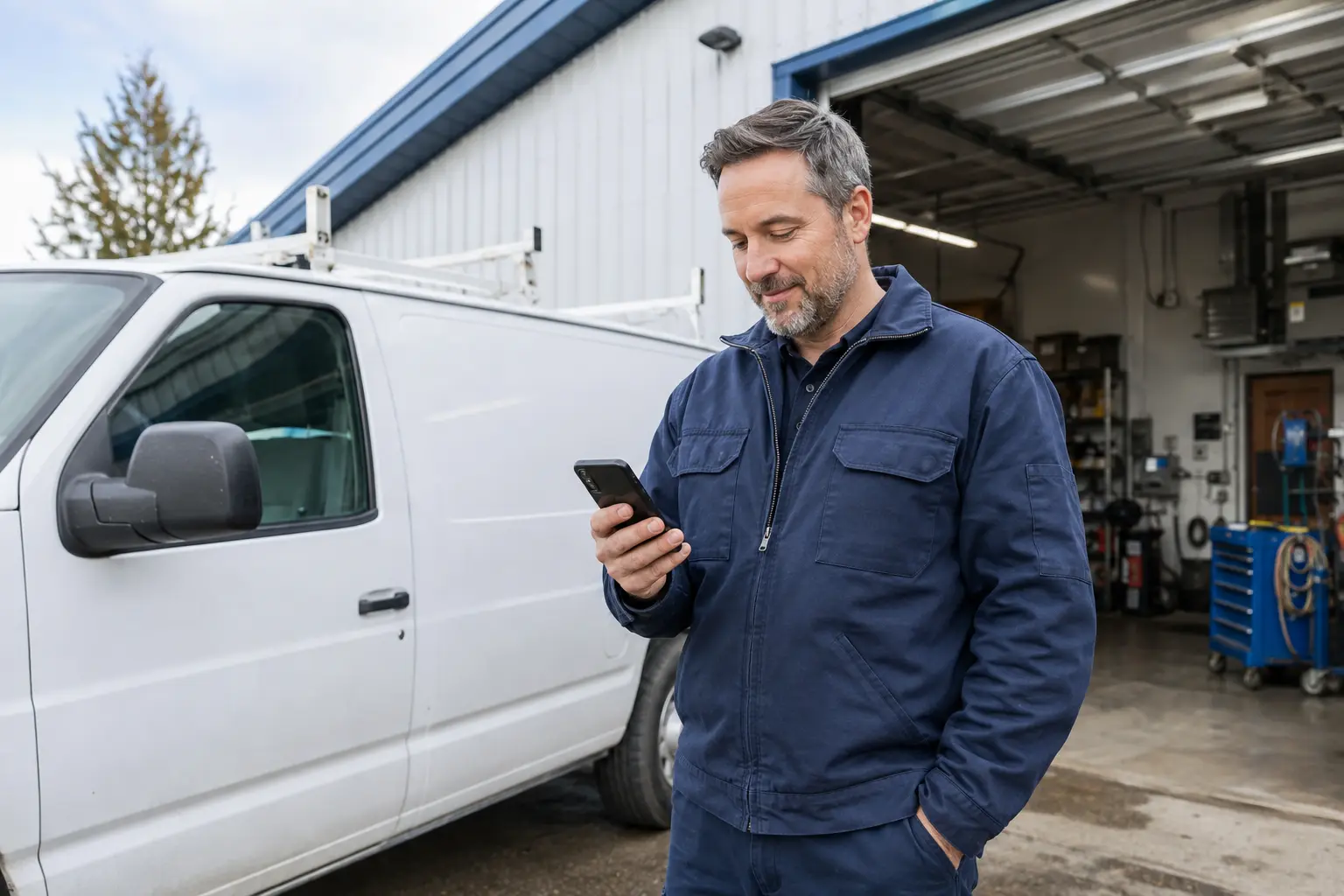 HVAC business owner reviewing a captured customer call on his phone beside a service van